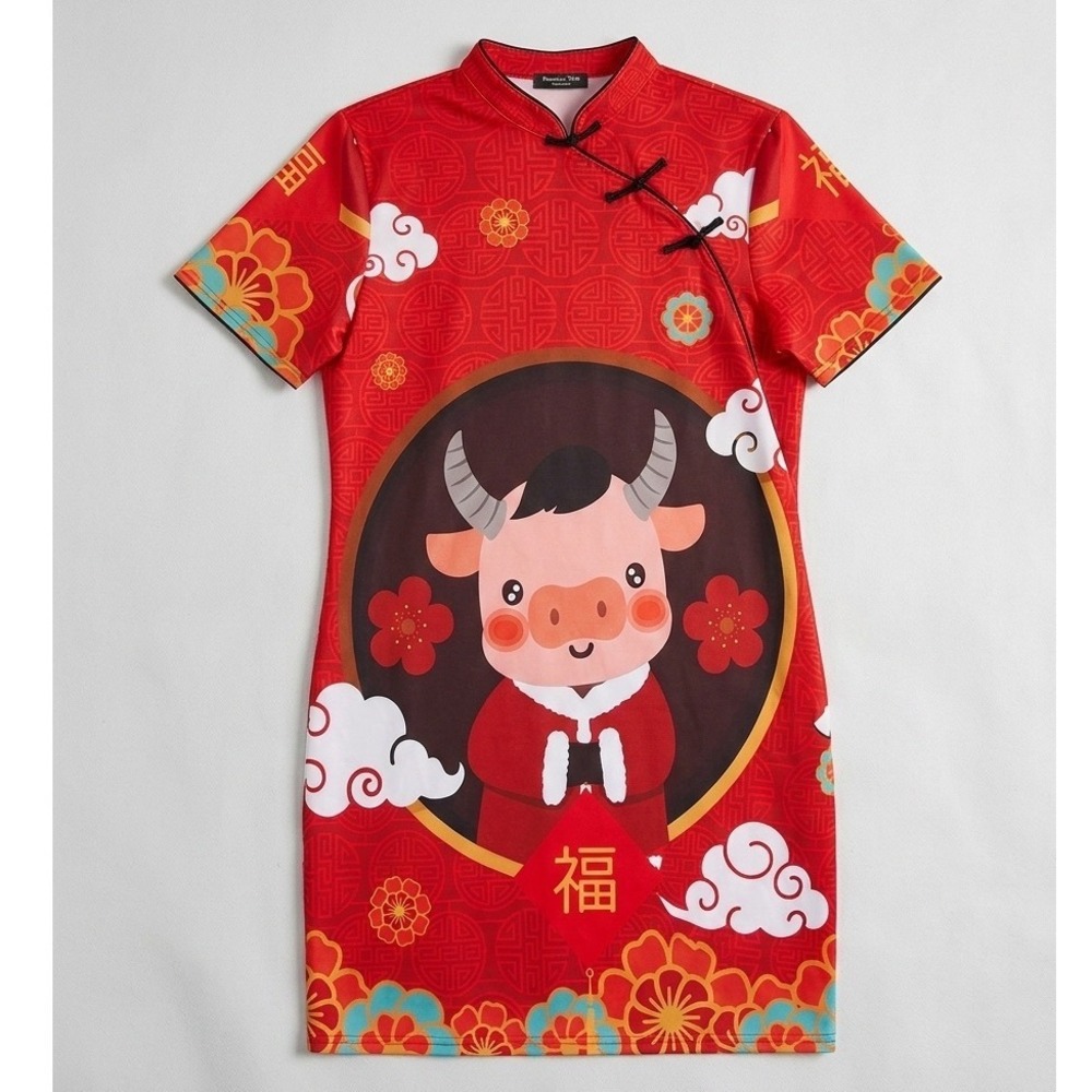 Phuong TiPi Red Lunar New Year Ox Qipao Cheongsam Mini Dress Pig Pockets Sz Xl
